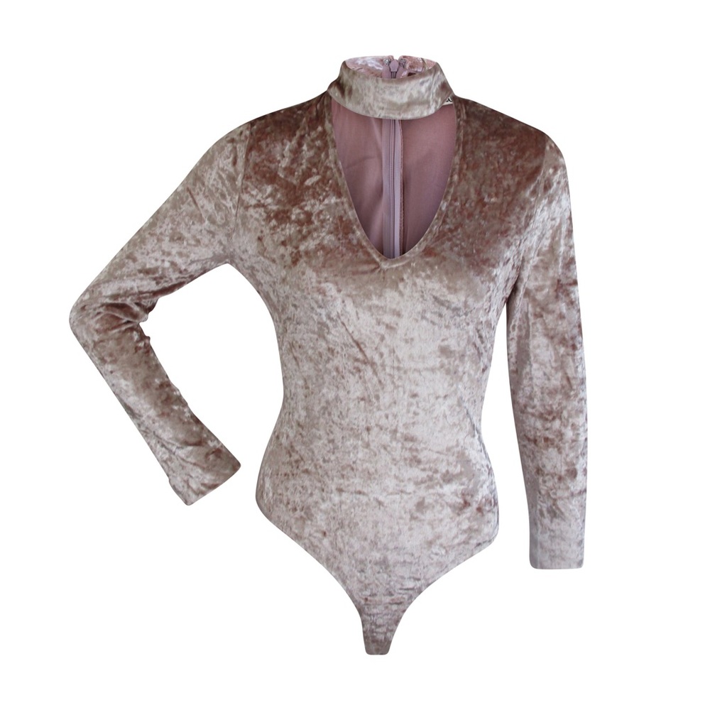 Blush Pink Velvet LongSleeve Choker Neck Bodysuit